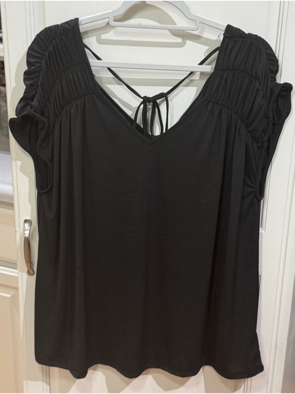 Black V-Neck Short Sleeve Tunic with Back Tie Detail